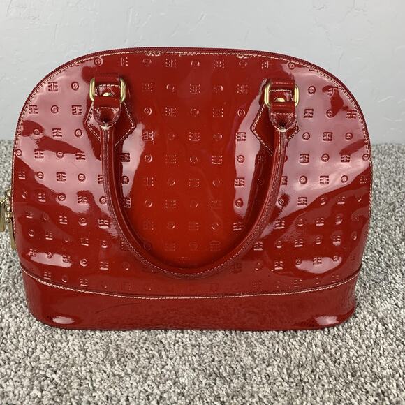 Arcadia Satchel Purse Womens Red Patent Leather Embossed Handbag Gold Hardware - Picture 1 of 10
